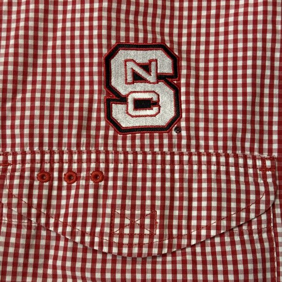 Columbia PFG 4X Super Bonehead NC State Mens Red Checkered Vented Tailgate Shirt - Picture 7 of 12